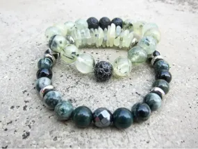 2 piece set - Prehnite, Green Bloodstone, Green Serpentine Jasper Mala Bracelets