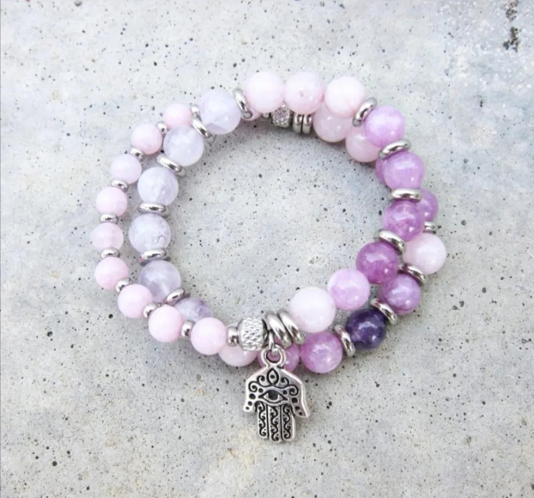 27 Bead Mala Bracelet in Kunzite and Lavender Quartz