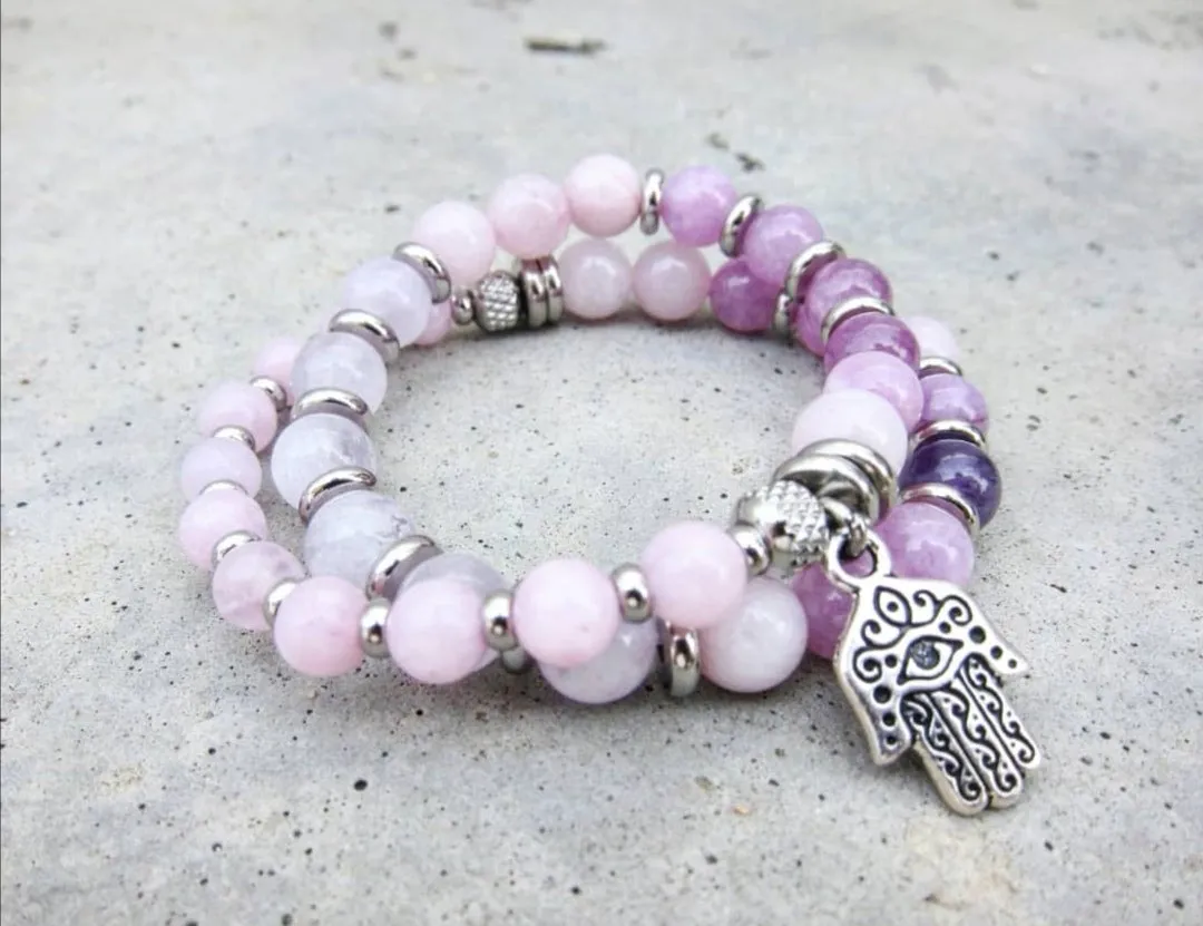 27 Bead Mala Bracelet in Kunzite and Lavender Quartz