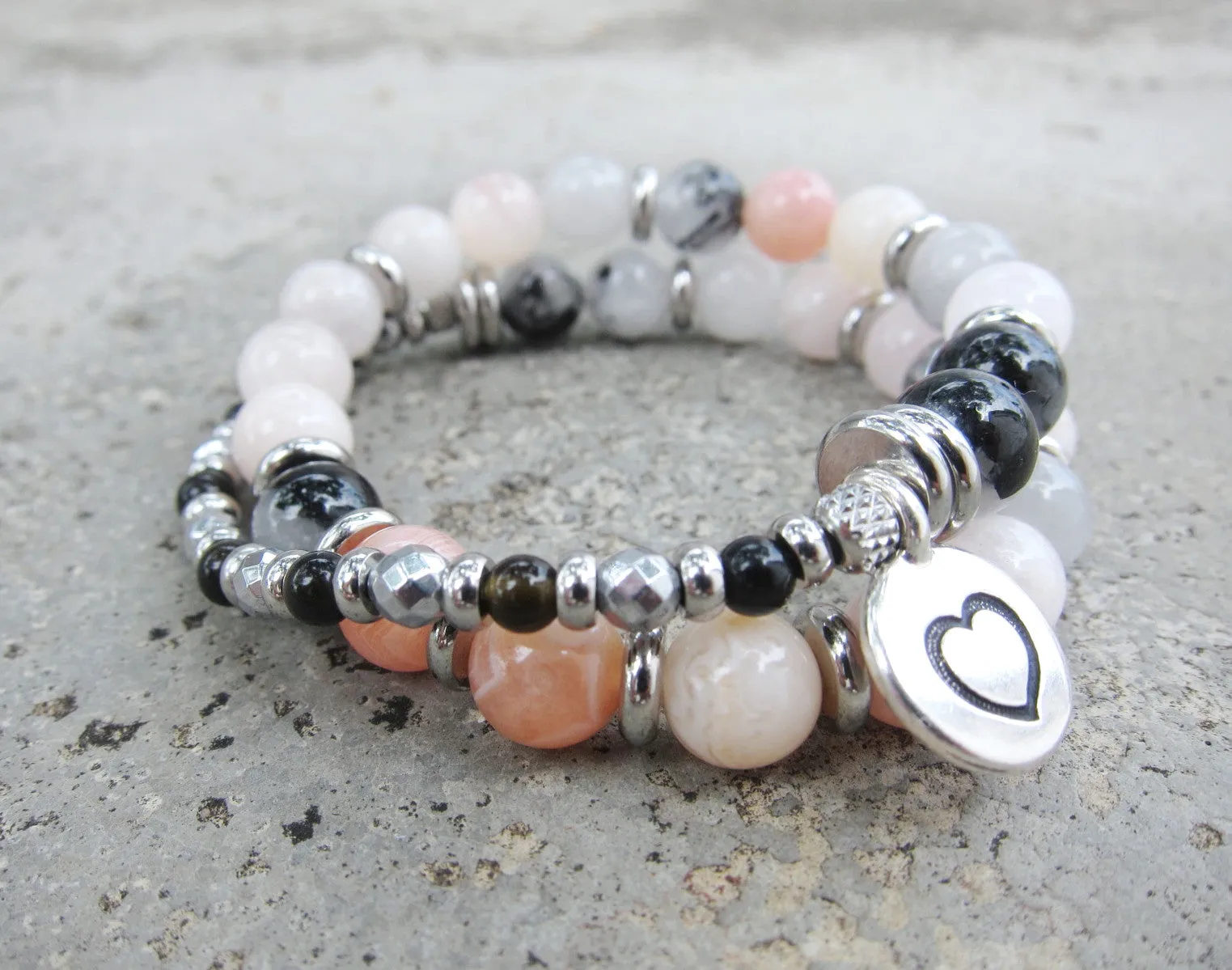 27 Bead Mala in Pink Morganite, Pink Lace Botswana Agate and Rutilated Quartz