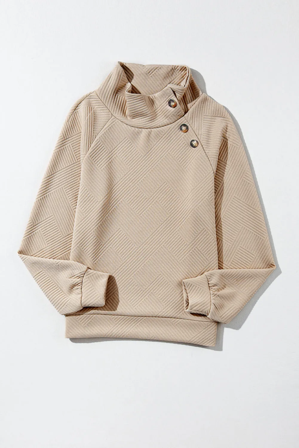 Apricot  Asymmetric Buttons Detail High Neck Textured Sweatshirt