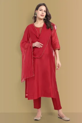 Deep Red Handcrafted Chanderi Kurta with Dupatta - Set of 3