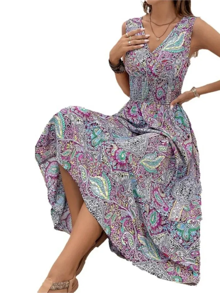 Fashion Bohemian Style Printed Sleeveless Dresses Women Sexy V-neck High Waist A-line Long Dress Casual Elegant Vestido Feminino