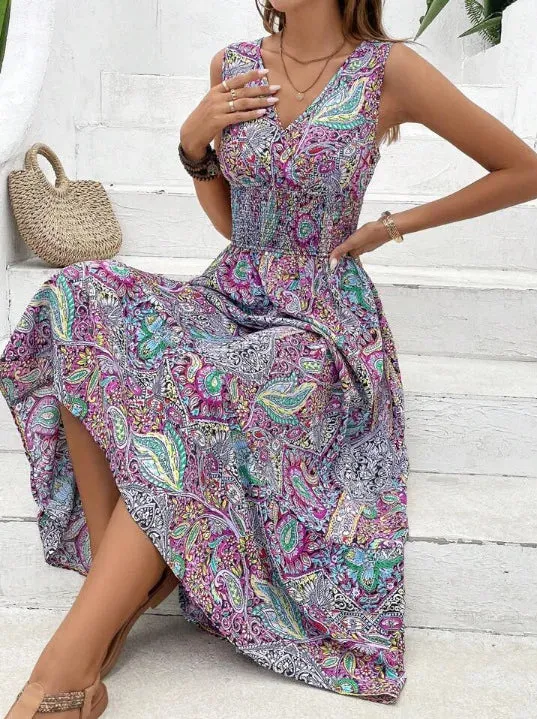 Fashion Bohemian Style Printed Sleeveless Dresses Women Sexy V-neck High Waist A-line Long Dress Casual Elegant Vestido Feminino