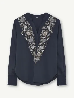 Gustav Navy Embroidered Blouse With Smock Cuffs