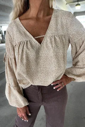 Khaki V Neck Bow Tie Bubble Sleeve Blouse