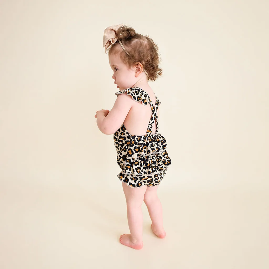 Lana Leopard Tan Ruffled Strap Bubble Romper