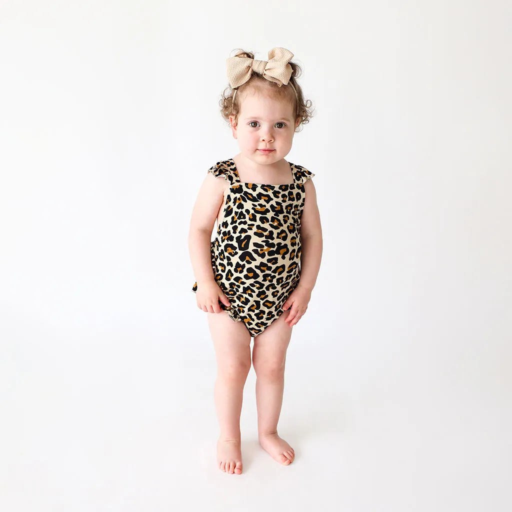 Lana Leopard Tan Ruffled Strap Bubble Romper