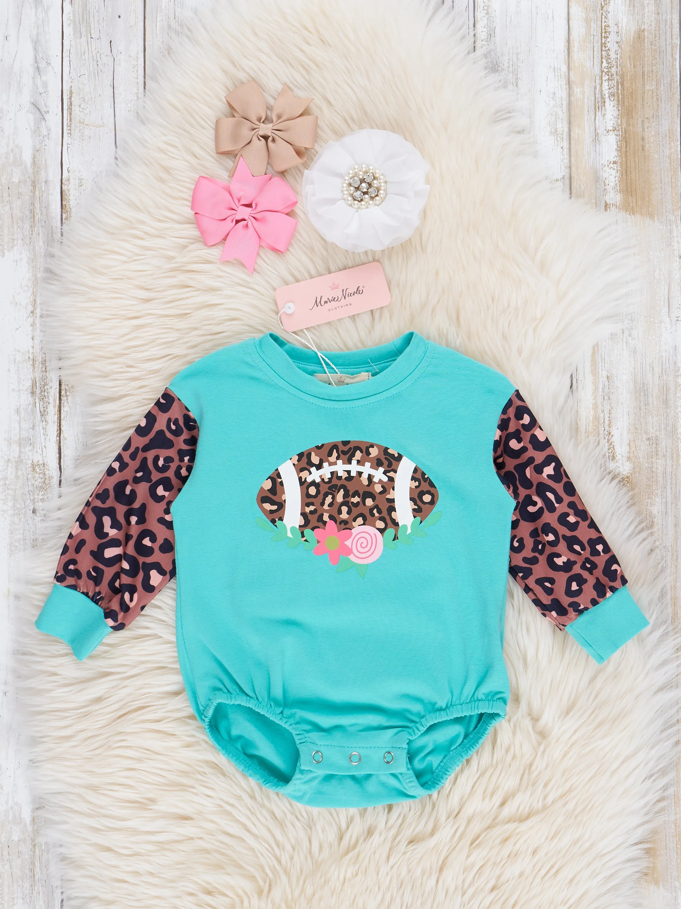 Turqouise & Leopard Football Raglan Bubble