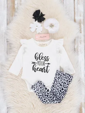 White & Leopard Bless Your Heart Ruffle Bubble Outfit